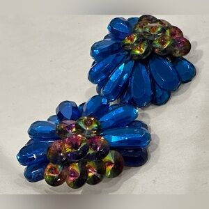 Royal Blue & Aurora borealis Rhinestone Cabochon Clip On Earrings